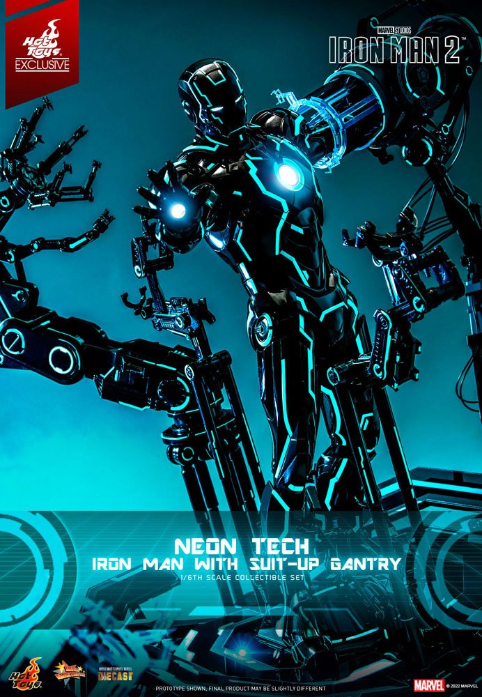 Iron Man 2: Neon Tech Iron Man with Suit-Up Gantry: 1/6 Scale Action Figure Set - Hot Toys Action Figure