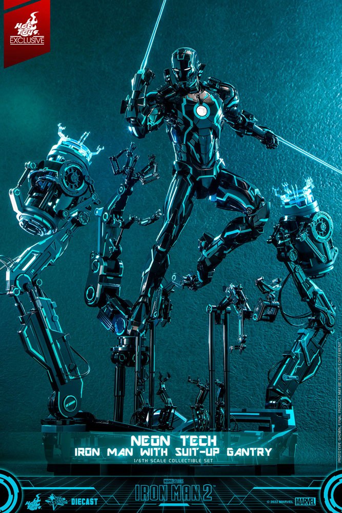 Iron Man 2: Neon Tech Iron Man with Suit-Up Gantry: 1/6 Scale Action Figure Set - Hot Toys Action Figure